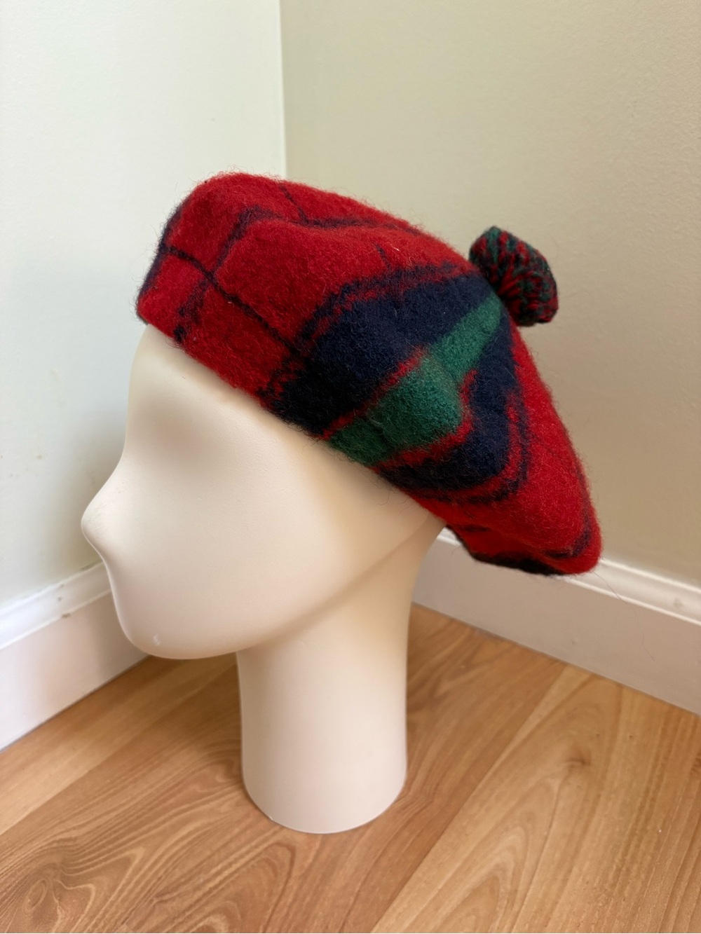 Vintage Monteiths Red 100% Wool Beret with Pom-Pom Made in Scotland
